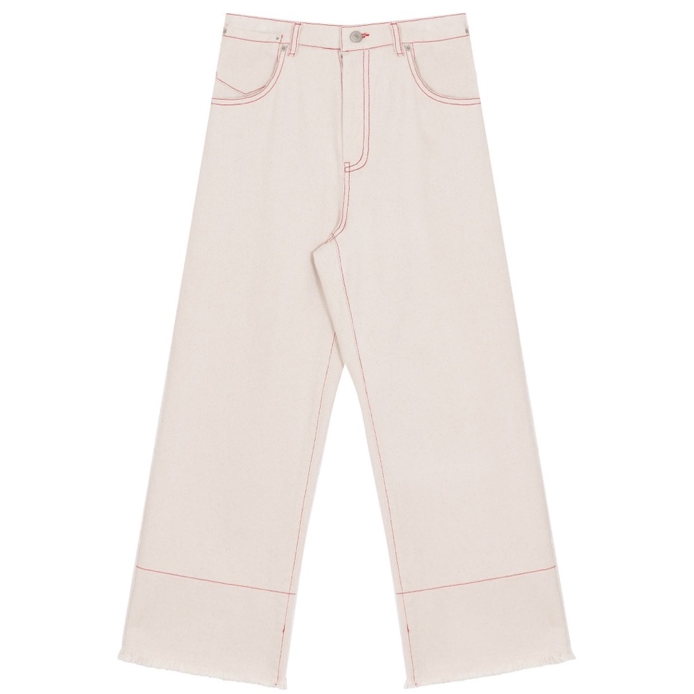 Emin & Paul cream raw hem jeans with red stitching